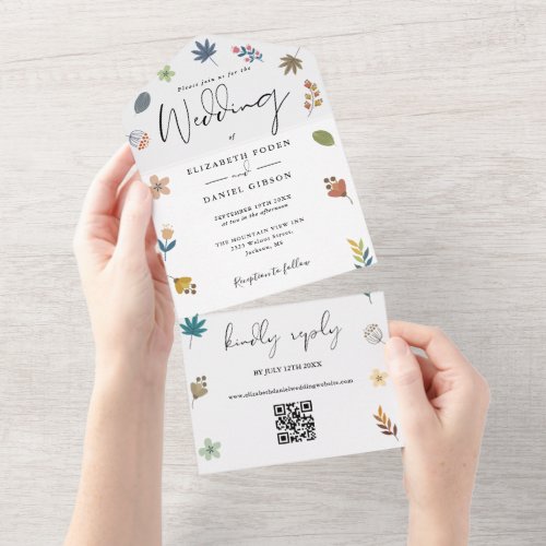 Modern Floral QR Code Elegant Script Wedding All In One Invitation