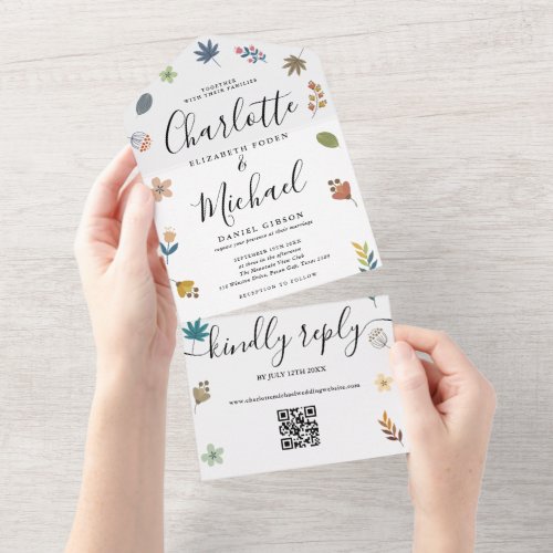 Modern Floral QR Code Signature Script Wedding All In One Invitation