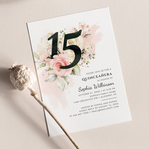 Modern Floral Quinceanera 15th Birthday Pink Invitation