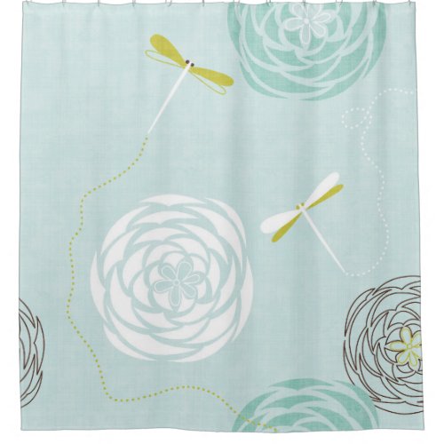 Modern Floral Ranunculus w Dragonflies Aqua Blue Shower Curtain