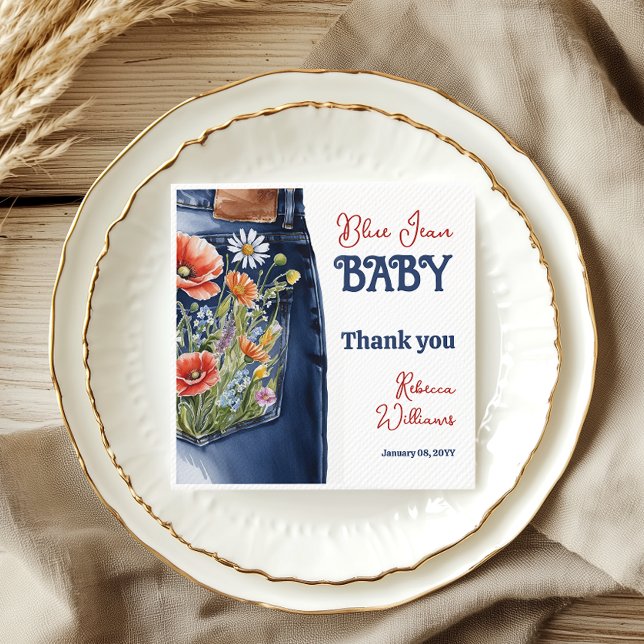 Modern Floral Red Blue Denim Blue Jean Baby Shower Napkins (Creator Uploaded)