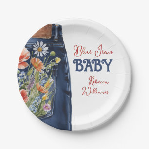 Modern Floral Red Blue Denim Blue Jean Baby Shower Paper Plates