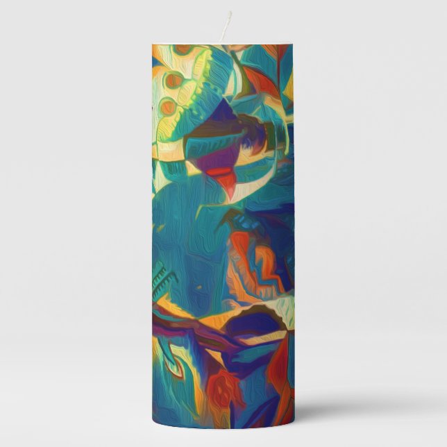 Modern Floral Red Blue Lines Abstract Art Painting Pillar Candle (Front)
