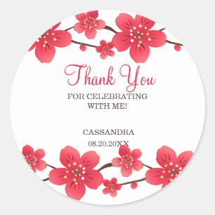 Modern Floral Red Cherry Blossom Sakura Thank You Classic Round Sticker
