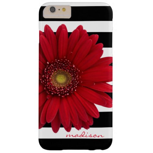 Modern Floral Red Daisy on BW Stripes w Name Barely There iPhone 6 Plus Case