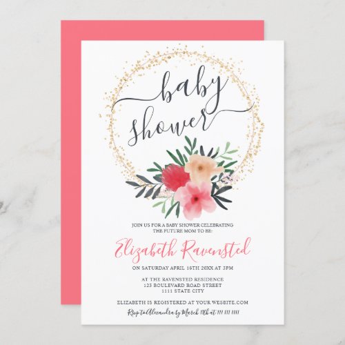 Modern floral red pink watercolor baby shower invitation