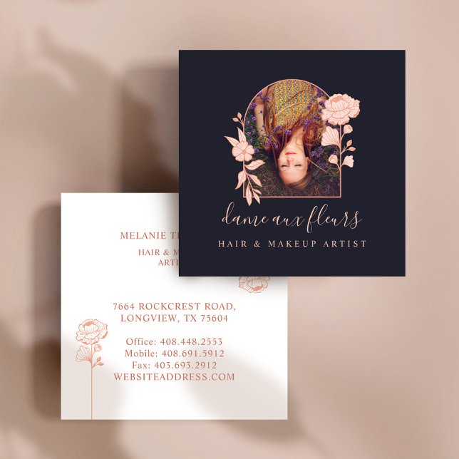 Modern Floral Rose Beauty Photo Arch Navy Square Business Card (Modern Floral Rose Beauty Photo Arch Navy Square Business Card)