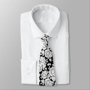 Modern Floral Rose Black and White Neck Tie