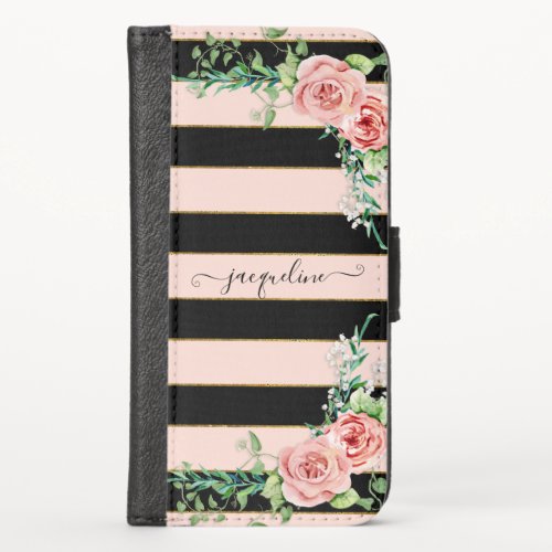 Modern Floral Rose BOHO Chic Striped Script Name iPhone X Wallet Case