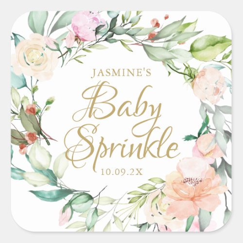 Modern Floral Rose Garland Baby Sprinkle Square Sticker