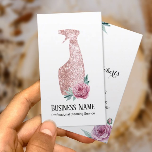 Modern Floral Rose Gold Spray Bottle Cleaning Business Card (Creator Uploaded)