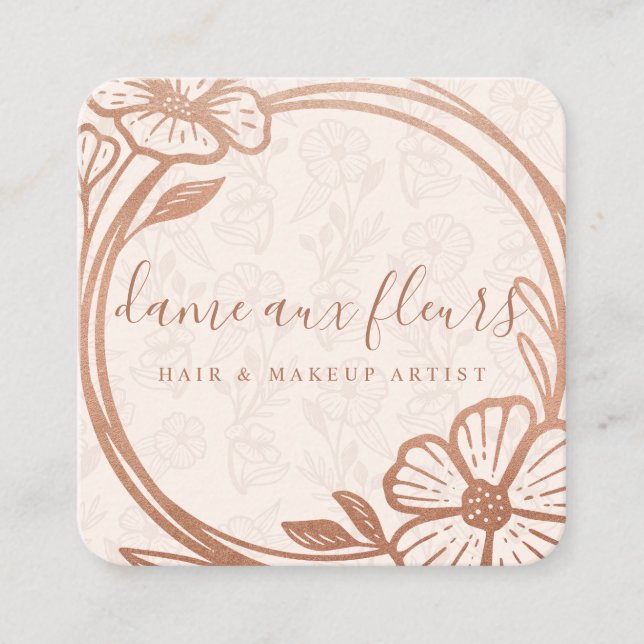 Modern Floral Rose Gold Wreath Blush Pink Square Business Card (Front)