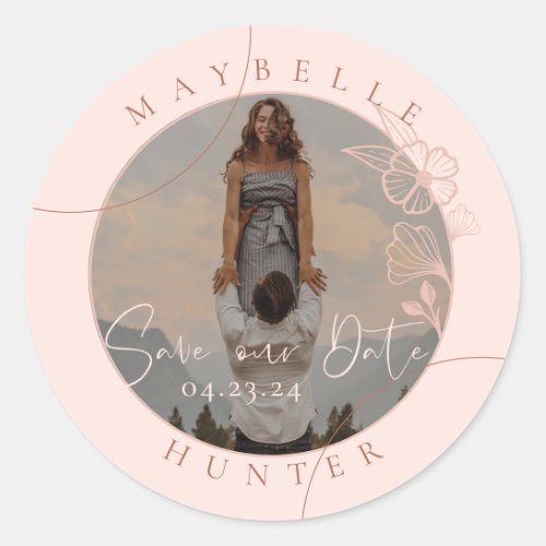 Modern Floral Rose Photo Circle Pink Save The Date Classic Round Sticker