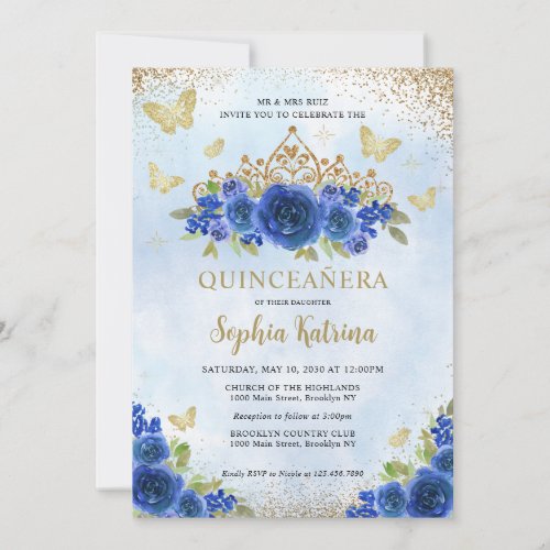 Modern Floral Royal Blue Gold Tiara Quinceaera Invitation