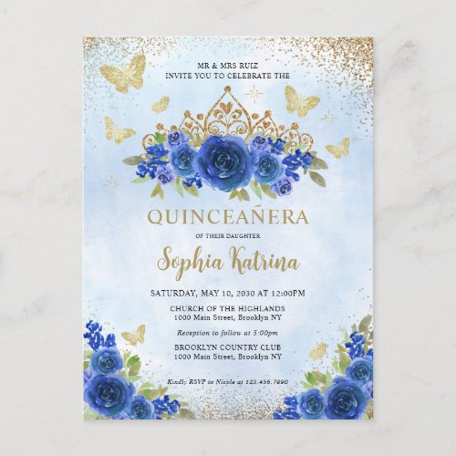 Modern Floral Royal Blue Gold Tiara Quinceaera Postcard