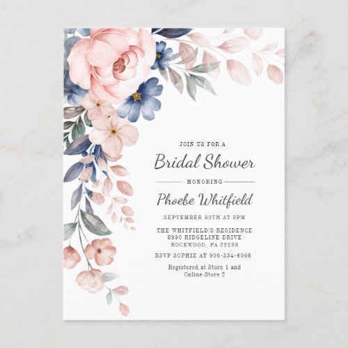 Modern Floral Rustic Pink Blue Bridal Shower Invitation Postcard