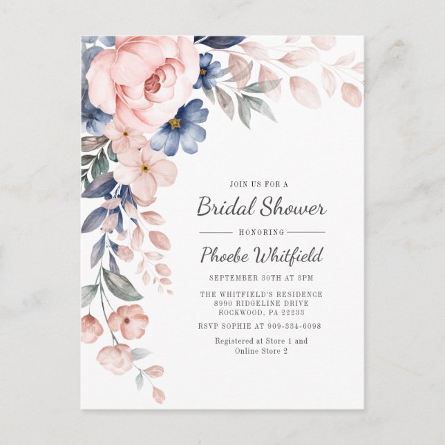 Modern Floral Rustic Pink Blue Bridal Shower Invitation Postcard (Front)