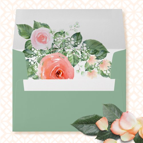 Modern Floral Sage Green Pink Coral Wedding  Envelope