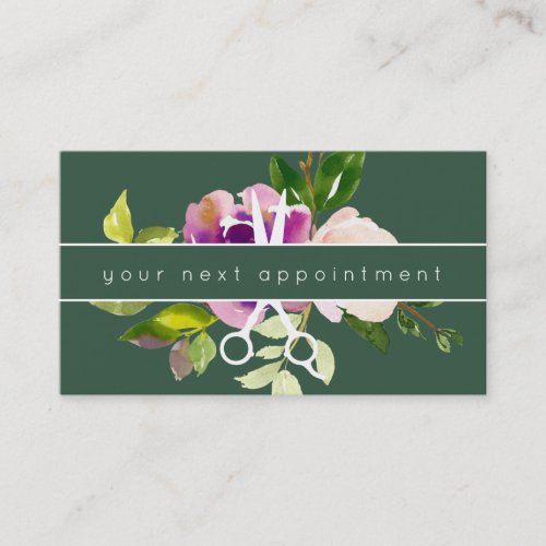 Modern Floral Salon Scissors Logo Appointment Business Card