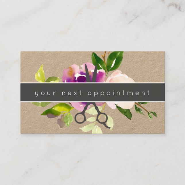 Modern Floral Salon Scissors Logo Appointment Business Card (Front)