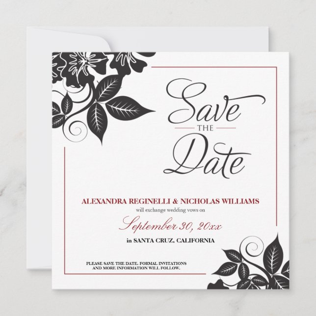 Modern Floral Save the Date Announcement (black) (Front)