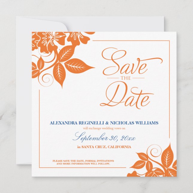 Modern Floral Save the Date Announcement (orange) (Front)