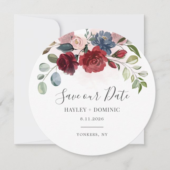 Modern Floral Script Burgundy Save our Date (Front)