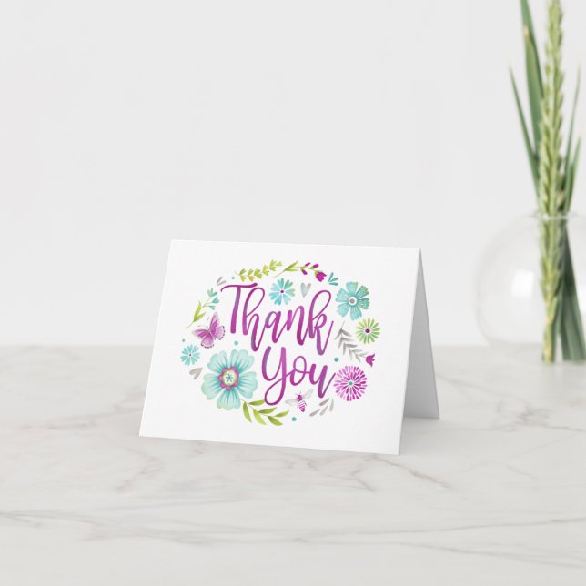 Modern Floral Script Letterpress Thank You Card (Front)
