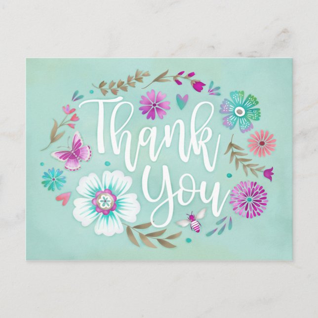 Modern Floral Script Thank You Postcard (Front)