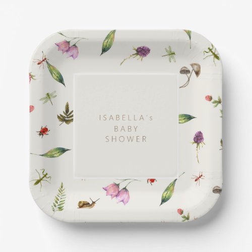 Modern Floral Shower Greenery Berries Insects Paper Plates