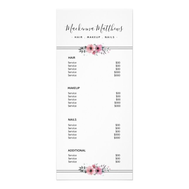 Modern Floral Signature White Salon Service Menu (Front)