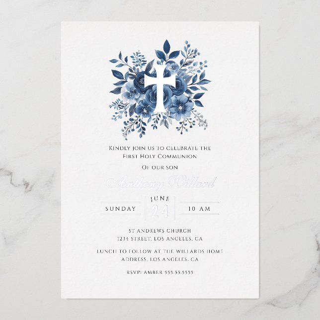 Modern Floral Silver Cross Boys First Communion  Foil Invitation (Front)