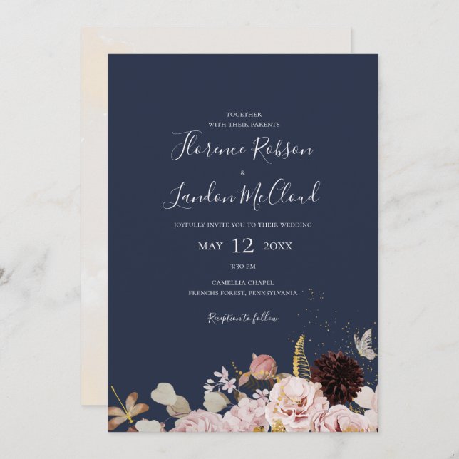 Modern Floral Simple Navy All In One Wedding Invitation (Front/Back)