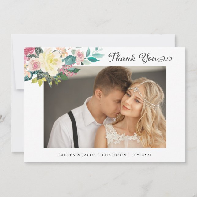 Modern Floral | Simple Two Photo Wedding Thank You Card (Front)