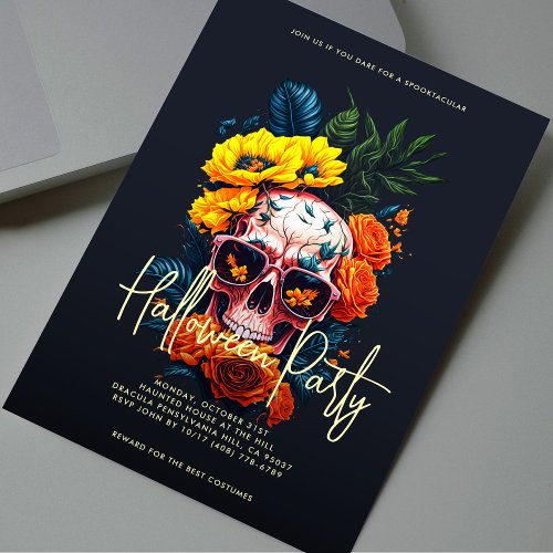 Modern Floral Skull Halloween Party Invitation