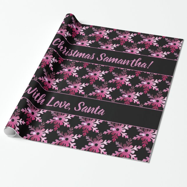 Modern Floral Snowflakes Pattern Black Red Pink Wrapping Paper (Unrolled)