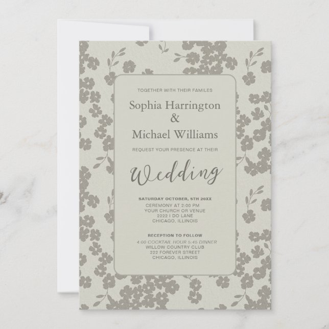 Modern Floral Soft Gray Wedding Invitation QR Code (Front)