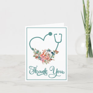 Modern Floral Stethoscope Heart Caregiver Letterpress Thank You Card