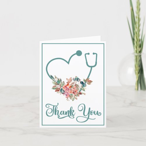 Modern Floral Stethoscope Heart Caregiver Thank You Card