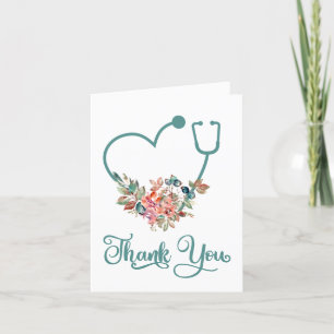 Modern Floral Stethoscope Heart Nurse or Doctor Letterpress Thank You Card
