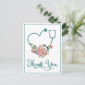 Modern Floral Stethoscope Heart Nurse Thank You Postcard (Standing Front)