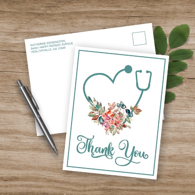 Modern Floral Stethoscope Heart Nurse Thank You Postcard
