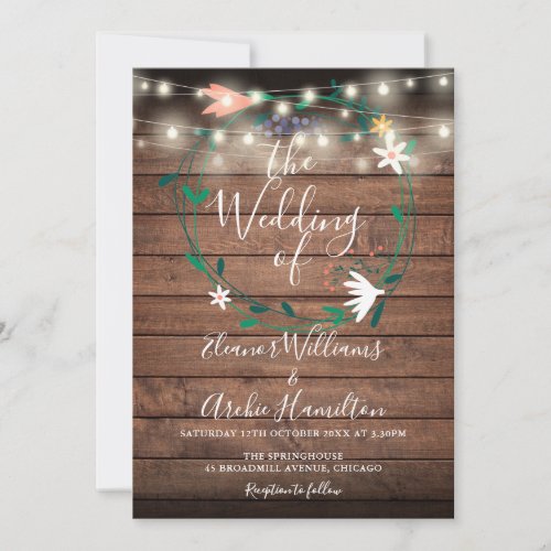 Modern Floral String Lights Rustic Wood Wedding Invitation