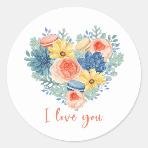 Modern Floral Succulent Macaron Heart  I Love You Classic Round Sticker
