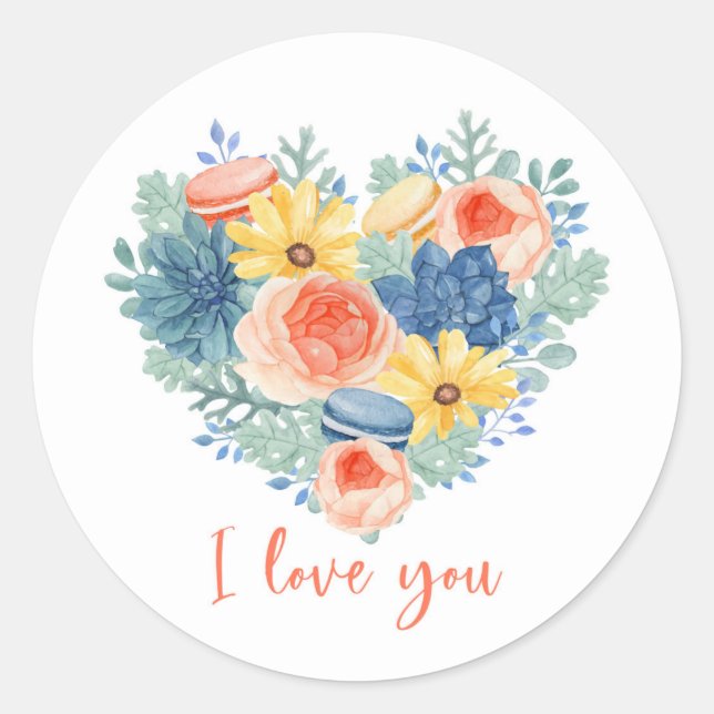 Modern Floral Succulent Macaron Heart | I Love You Classic Round Sticker (Front)