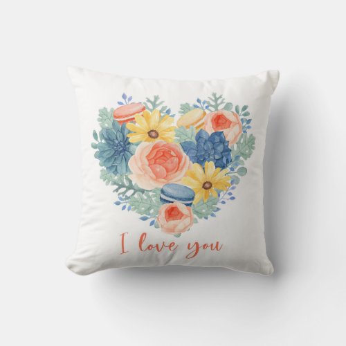 Modern Floral Succulent Macaron Heart  I Love You Throw Pillow