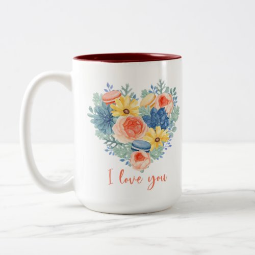 Modern Floral Succulent Macaron Heart  I Love You Two_Tone Coffee Mug