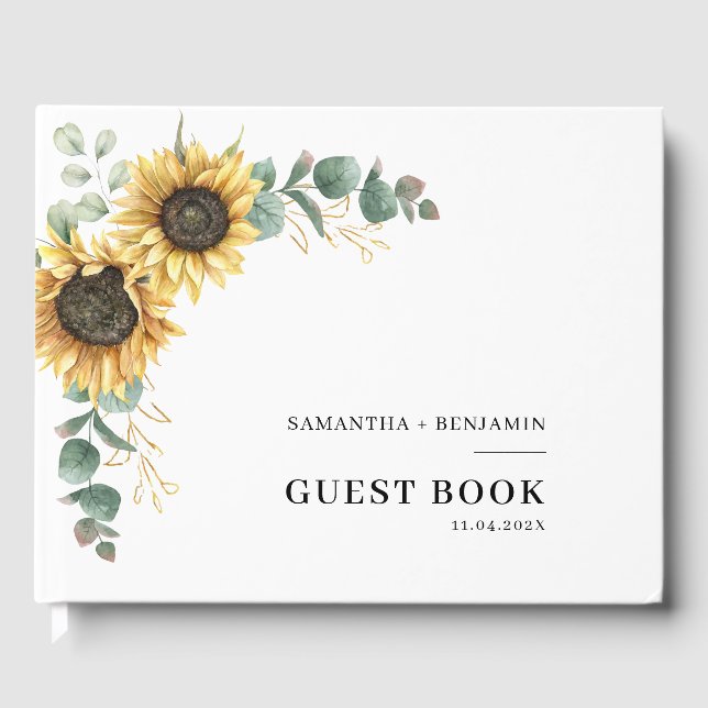 Modern Floral Sunflower Greenery Wedding Guest Book (Front)