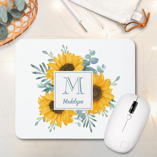 Modern Floral Sunflower Monogram Name Mouse Pad