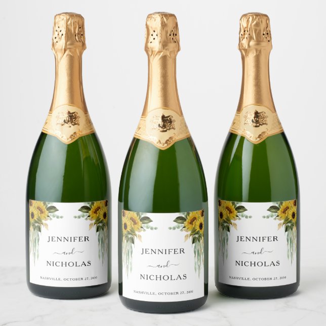 Modern Floral Sunflower Wedding  Sparkling Wine Label (Bottles)